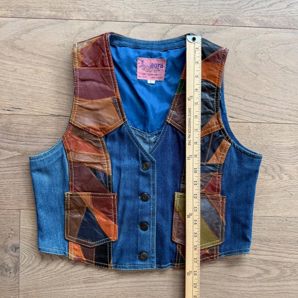 Vintage 70s Aura Rosemary Denim Leather Patchwork Vest & Flare Jeans Set L 32 - Picture 9 of 15